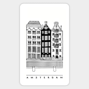 Three old houses. Amsterdam, Netherlands. Realistic black and white illustration. Magnet